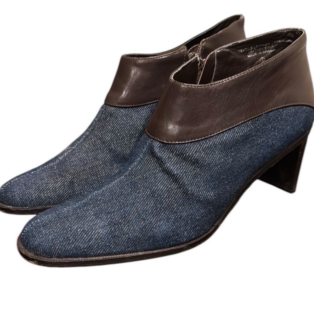 Etienne Aigner Donnie Denim and Brown leather ankle boots booties stacked size 9